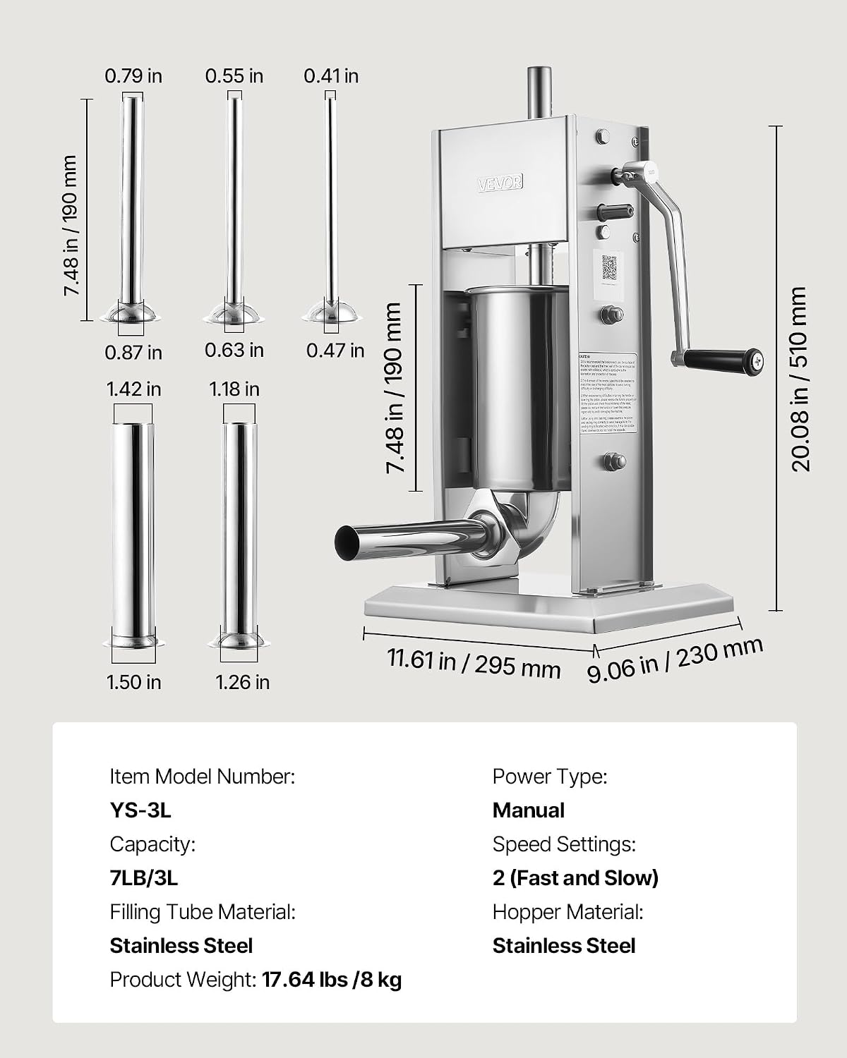 VEVOR Manual Sausage Stuffer, 7 LBS / 3 L Vertical Meat Stuffer, Heavy Duty Sausage Casing Meat Stuffing Machine, Dual-Speed Stainless Steel Filler with 5 Filling Tubes, for Commercial and Home Use ‼️used could be missing or broken parts ‼️